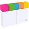 A white toy with colorful blocks. On top, a rectangle with pink, green, blue, orange, and yellow blocks. Below, a white box.