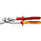 Pliers with red and yellow handles. KNIPEX inscription. Detailed shot of the tool.