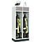 A locker for the fire department with protective clothing, boots and helmet. Two compartments, white with a gray lid. The clothing is black and yellow.