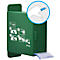 Grüner Pflasterspender mit Bedienungsanleitung. Inset zeigt Finger mit Pflaster. Marke: Plum QuickSoft.