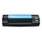 Ein schwarzer PlusTek MobileOffice S602 Scanner mit blauer Abdeckung. Oben steht der Name, rechts Scan und Custom.