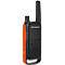 Black Motorola walkie-talkie with orange accents. It has an antenna, buttons, and the Motorola logo.