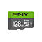 Une carte micro SD PNY Elite 128 Go. Haut vert avec logo PNY, bas gris. Texte : Elite Micro SDXC I.