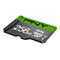Une carte micro SD PNY, 256 Go, noire et verte, avec du texte blanc.