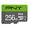 Graue MicroSD-Karte mit weißem 'PNY'-Logo und Aufschrift '256GB Elite micro SDXC I'. Oben grün hinterlegt.