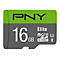 Mikro-SD-Karte von PNY mit 16 GB SpeicherkapazitÃ¤t. Schwarz-graues Design mit grÃ¼ner oberer Leiste.