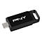 Schwarzer USB-Stick mit "PNY"-Logo. Das Design weist einen USB-C-Anschluss und eine Öse zur Befestigung auf.