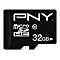 Schwarze Micro-SD-Karte mit PNY-Logo, SDHC-Symbol, 32 GB. Schriftzug weiß.