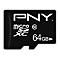 Schwarze Micro SD-Karte, das PNY-Logo und Text wie 'micro SDXC' und '64GB' zeigt.