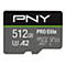 Eine PNY MicroSD-Karte mit der Aufschrift 512GB, PRO Elite, U3 A2, V30.