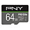 Eine schwarze PNY Micro SD-Karte mit weißer Schrift. Der Text zeigt "PNY", "64 GB" und "PRO Elite".