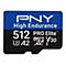 Eine Mikro-SD-Karte in Blau und Schwarz mit der Aufschrift PNY High Endurance 512 PRO Elite V30. Im unteren Bereich steht micro SDXC I.
