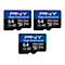 Drei schwarze PNY Micro-SD-Karten mit blauen Akzenten. Aufschrift "High Endurance", "64", "Pro Elite" und "V30".