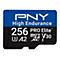 Une carte micro SD bleue et noire avec le texte PNY High Endurance 256 Go PRO Elite V30.