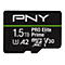 Schwarze PNY-MicroSD-Karte mit weißen Schriftzügen, einschließlich "1,5 TB" und "PRO Elite".