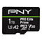 Schwarze PNY MicroSD-Karte mit weißem Logo und grüner Linie, 1 TB Speicherkapazität. Beschriftung: PRO Elite Prime, micro SDXC I, V30, A2.