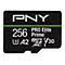 Schwarze SD-Karte mit weißer Aufschrift: PNY, 256, PRO Elite Prime, V30, A2.
