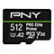 Carte microSD noire avec bande verte et lettrage blanc : PNY, 512, PRO Elite Prime, V30. Logo.