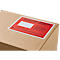 Carton marron avec une pochette porte-documents rouge pour bons de livraison et factures.