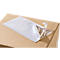 Pochette porte-documents blanche sur carton brun, partiellement décollée.