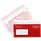 Enveloppes de documents rouges, certaines avec une fenêtre et une impression, sont posées sur un fond blanc.
