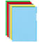 Une pile de dossiers de documents colorés et transparents : vert, rouge, gris, jaune et bleu.