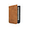 E-Book-Reader mit brauner Lederhülle und PocketBook-Schriftzug vor weißem Hintergrund.
