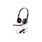 Casque noir avec des accents rouges et un microphone, câble avec télécommande et connecteur USB-C.