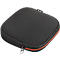 Black square carrying case with zipper and orange seam. "poly" is on the top.