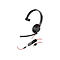 Schwarzes kabelgebundenes On-Ear-Headset mit Mikrofonarm und USB-Steuerungseinheit auf weißem Hintergrund.