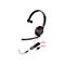 Schwarzes einseitiges Headset mit rotem Kabel und Kabelfernbedienung auf weißem Hintergrund.