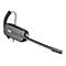 Drahtloses Bluetooth-Headset auf weißem Hintergrund. Es ist dunkelgrau, mit einem Mikrofon-Ausleger.