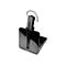Schwarzes Headset mit Ladestation, Headset um Ohr, Station mit roter Schrift.