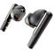Close-up of two black earbuds. The right earbud has the letters 'R' and 'O' engraved on it.