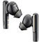 Two black wireless earbuds with gray ear tips. The company logo is visible on one of the earbuds.
