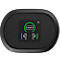 Black, oval device with screen. Green symbol of headphones in a circle.