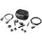 Black Poly earbuds, charging case, USB-C cable, adapter, and various ear tips on a white background.