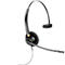 Black headset with microphone on white background. The headset has a headband that goes over the head and a cushioned earpiece.
