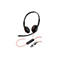 Schwarzes Poly-Headset mit rotem Kabel und integrierter USB-A/C-Steuereinheit vor weißem Hintergrund.