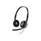 Schwarzes Plantronics Headset mit beidseitigen Ohrpolstern und Mikrofonarm vor weißem Hintergrund.