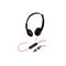 Schwarzes Poly Headset mit rotem Kabel, Fernbedienung und USB-A sowie USB-C Anschlüssen vor weißem Hintergrund.