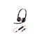 Schwarzes Plantronics Headset mit rotem Kabel, Mikrofonarm und Kabelfernbedienung mit USB- und Klinkenanschluss.