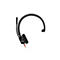 Schwarzes On-Ear-Headset mit flexiblem Mikrofonarm und rotem Kabel auf weißem Hintergrund.
