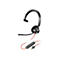 Ein schwarzes Headset mit rotem Kabel und USB-Anschluss. Das Headset hat ein Mikrofon und einen Lautstärkeregler.