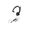 Schwarzes Poly Headset mit einseitigem Ohrhörer, Mikrofonarm und orangefarbenem Kabel mit USB-A und USB-C Anschluss.