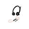 Schwarzes Poly Headset mit orangefarbenem Kabel und integrierter Fernbedienung vor weißem Hintergrund.