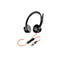 Schwarzes Poly Headset mit rotem Kabel, Fernbedienung und USB-A sowie USB-C Anschluss vor weißem Hintergrund.