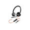 Schwarzes Poly Headset mit orangefarbenem Kabel, Mikrofonarm und USB-Anschluss vor weißem Hintergrund.