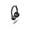 Schwarzes Poly Blackwire Headset mit Mikrofonarm und Kabel mit USB-A sowie USB-C Anschluss vor weißem Hintergrund.