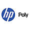 Das Logo von HP und Poly nebeneinander. Das HP-Logo ist blau mit weißen Buchstaben. Poly steht rechts in schwarzer Schrift.